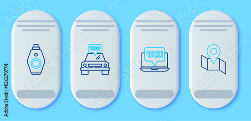 Set line Taxi car, Laptop call taxi service, Car key with remote and Folded map location marker icon. Vector