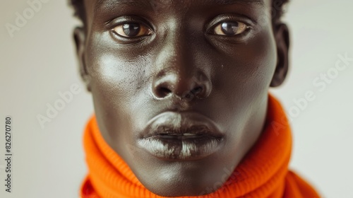 A South Sudanese man wearing an orange turtleneck portrait photo