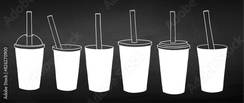 Vector chalk illustration set of line art disposable coffee and tea paper and plastic cups on chalkboard background