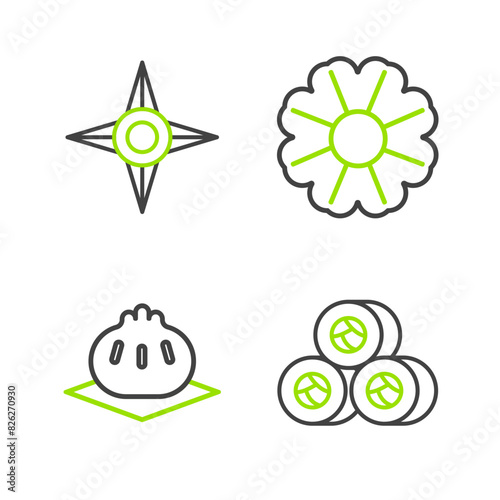 Set line Sushi, Khinkali on cutting board, Flower and Japanese ninja shuriken icon. Vector
