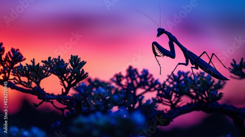 Shadows cast by trees and an Empusa pennata mantis against a twilight sky gradient photo