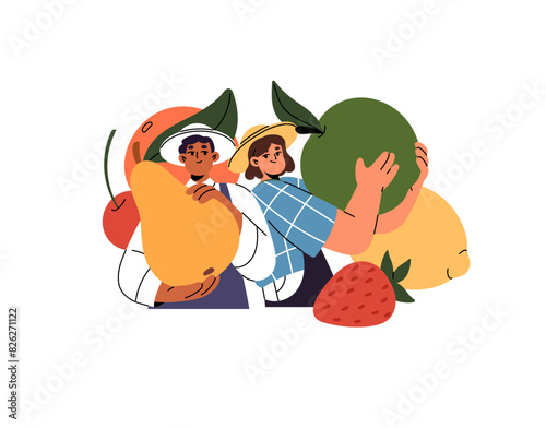 Farmers in summer hats hold fresh fruit in hands. Farm workers with juicy garden crop: apples, berries, pears. Healthy farming products, plantation harvest. Flat isolated vector illustration on white