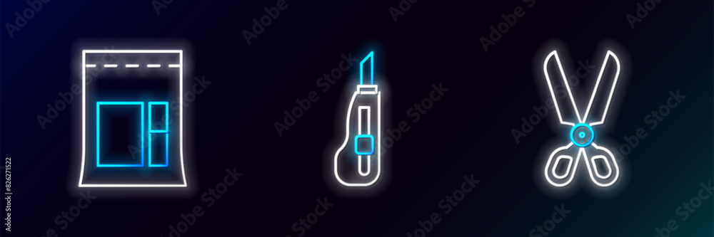 Set line Scissors, Cement bag and Stationery knife icon. Glowing neon. Vector Set line Scissors, Cement bag and Stationery knife icon. Glowing neon. Vector