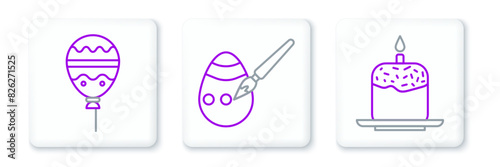 Set line Easter cake and candle, Balloons with ribbon and egg paint brush icon. Vector