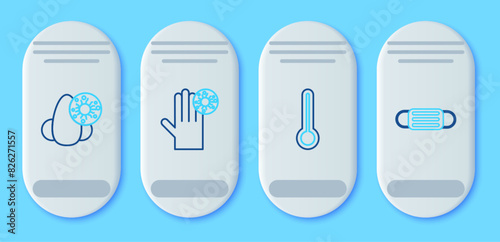 Set line Hand with virus, Medical thermometer, Runny nose and protective mask icon. Vector