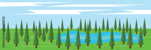 Green Fir Tree Forest with a Lake among the Trees. Nature and landscape concept vector