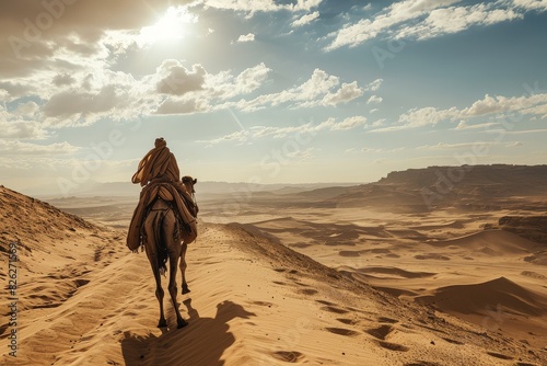 A traveler rides a camel across the desert landscape