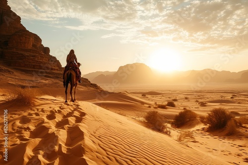 A person riding a horse through the arid desert landscape, under the bright sun