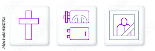 Set line Mourning photo frame, Christian cross and Crematorium icon. Vector