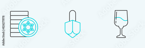 Set line Jewish goblet, coin and Hanukkah dreidel icon. Vector