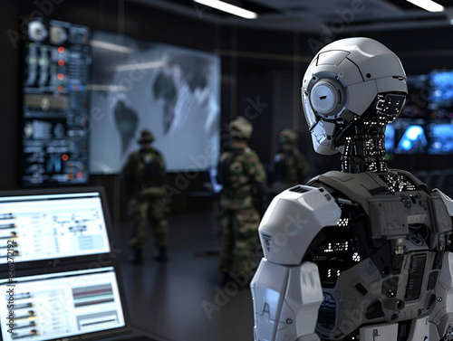 Advanced robot in military command center monitoring screens