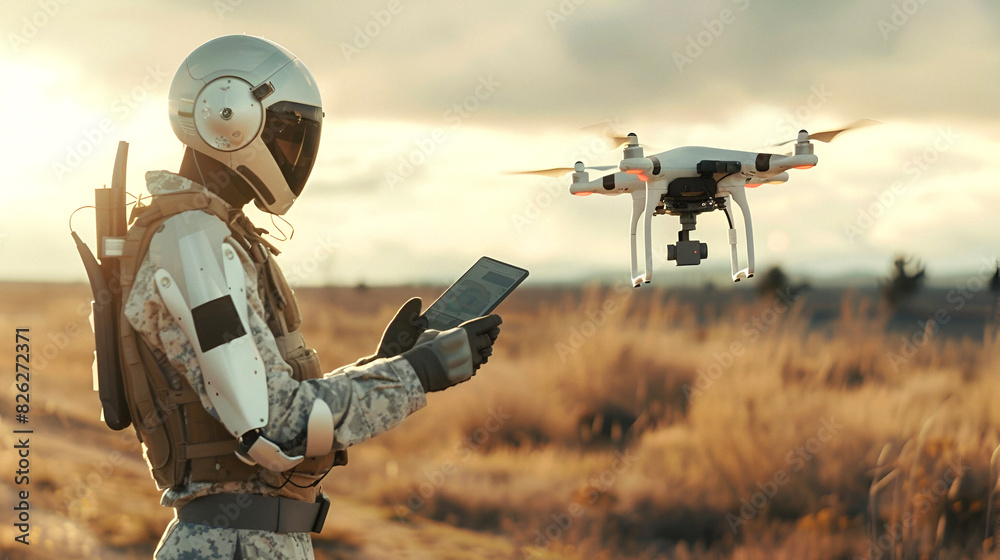 Military personnel controlling drone in field Military personnel controlling drone in field