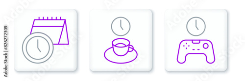 Set line Gamepad of time, Calendar and clock and Coffee icon. Vector
