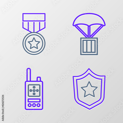 Set line Military reward medal, Walkie talkie, Airdrop box and icon. Vector