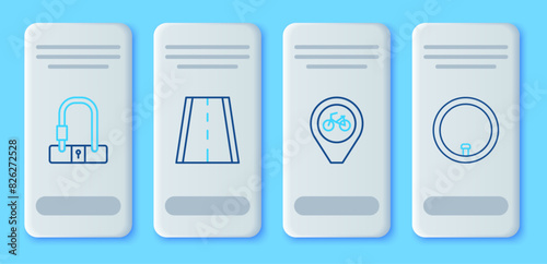 Set line Bicycle lane, Location with bicycle, lock and wheel icon. Vector