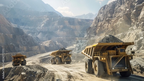 Three large dump trucks are seen transporting ore across a vast open-pit mine with terraced rock walls on a sunny day.