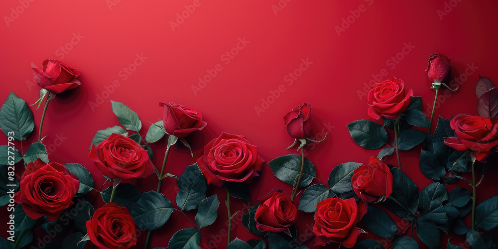 Greeting background with freshly red roses flowers on a red background . Festive banner for birthday, mother's day, March 8, anniversary, Valentines Day. Flat lay, top view. Copy space. Mock up.