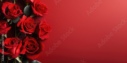 Greeting background with freshly red roses flowers on a red background . Festive banner for birthday  mother s day  March 8  anniversary  Valentines Day. Flat lay  top view. Copy space. Mock up.