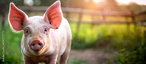 Curious pig on a sunny farm field photo