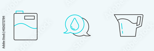 Set line Jug glass with water, Big bottle clean and Water drop icon. Vector