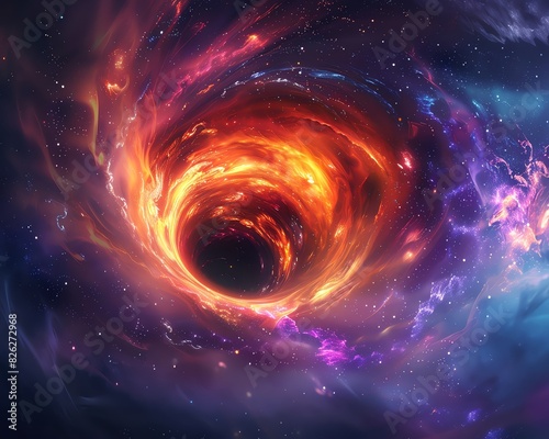 A fiery black hole in a swirling galaxy of vibrant cosmic colors. photo