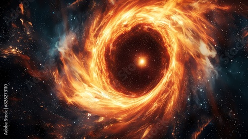 A fiery swirling black hole in space, with a bright star at its center, surrounded by cosmic dust and gas. photo