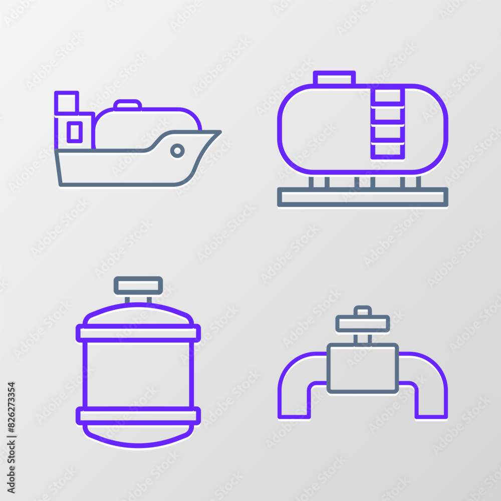 Set line Metallic pipes and valve, Propane gas tank, Oil storage and tanker ship icon. Vector Set line Metallic pipes and valve, Propane gas tank, Oil storage and tanker ship icon. Vector