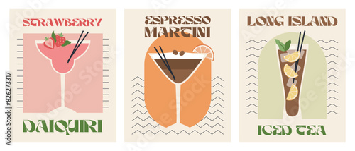Poster drink set. Cocktail arts. Retro posters with alcohol cocktails. Espresso Martini. Long Island Iced Tea. Strawberry daiquiri. 90s 80s 70s. Modern trendy print. Drink with fruit and ice.