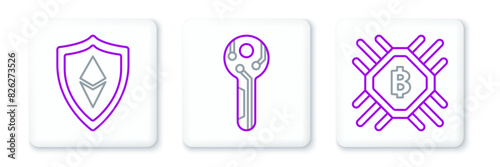 Set line CPU mining farm, Shield Ethereum ETH and Cryptocurrency key icon. Vector