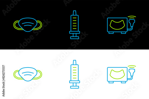 Set line Ultrasound, Medical protective mask and Syringe icon. Vector
