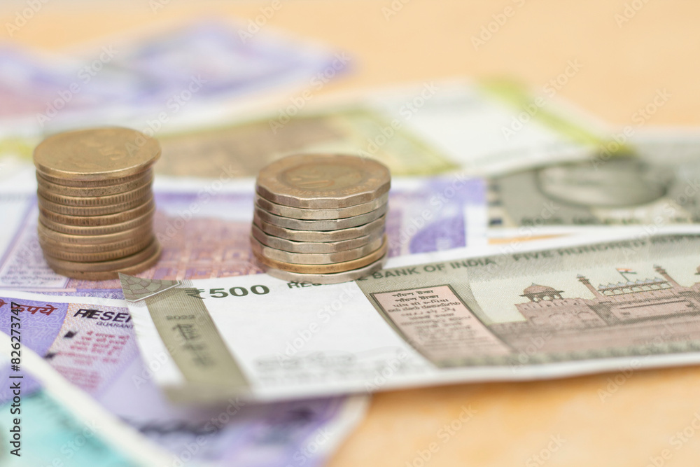 Indian colourful Money Rupee Notes and Coins Indian colourful Money Rupee Notes and Coins