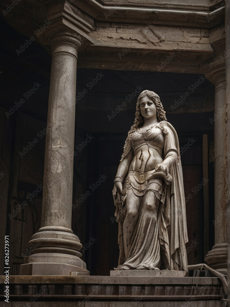 Obraz premium Solitary statue in the ruins of a once-glorious city captures the essence of opulence and decay and transports viewers to a bygone era of splendor.