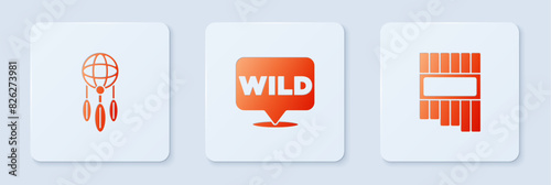 Set Pointer to wild west, Dream catcher with feathers and Pan flute. White square button. Vector