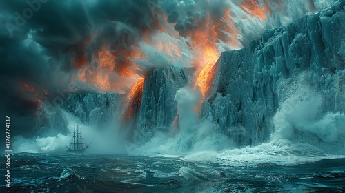 A closeup of a melting glacier carving out a fjord, with towering ice cliffs collapsing into the sea photo