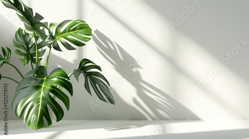 Minimal empty tabletop counter, green tropical palm leaves, blur shadow. Cosmetic product presentation. Premium podium. White desk table, gray wall. Showcase display case. Front view modern spa mockup
