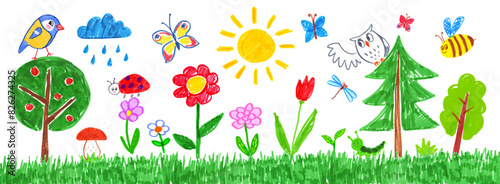 Felt pen hand drawn vector illustrations collection of child drawing of summer landscape with flowers and trees © Sonya illustration