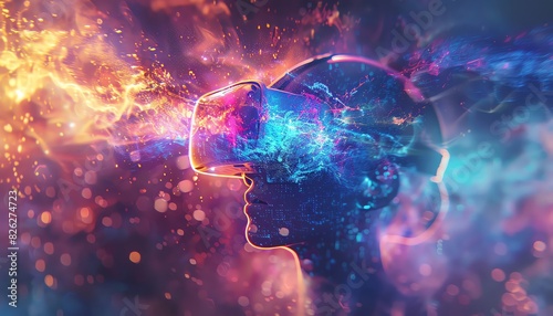 A person wearing a VR headset, surrounded by swirling colors and energy. The image represents the immersive and transformative nature of virtual reality. photo