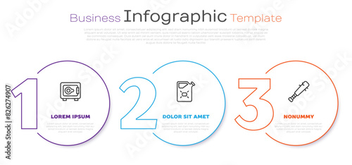 Set line Safe, Canister fuel and Baseball bat with nails. Business infographic template. Vector