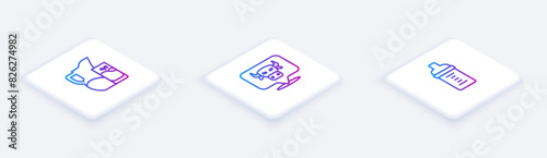 Set Isometric line Milk jug or pitcher and glass, Cow head and Baby milk in bottle. White square button. Vector