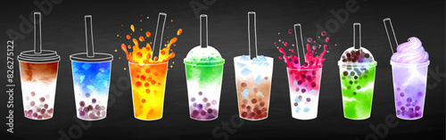 Bubble Tea flavors vector hand drawn watercolor illustrations set on chalkboard background © Sonya illustration