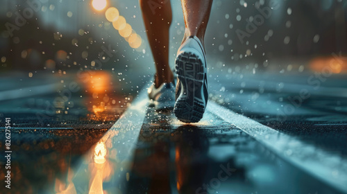 Close-up of the runner's shoes. Only the feet are visible. A man is running on the street. Physical exercise, fitness and healthy lifestyle. Concept of speed, sparks, splashes from under sneakers. © Елена Тиханович