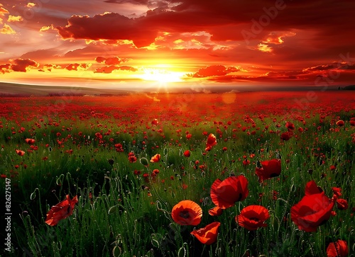 A field of poppies at sunset