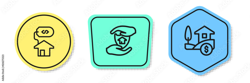 Set line House with dollar, shield and . Colored shapes. Vector Set line House with dollar, shield and . Colored shapes. Vector