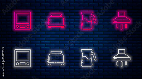 Set line Toaster, Jug glass with water, Electronic scales and Kitchen extractor fan. Glowing neon icon on brick wall. Vector