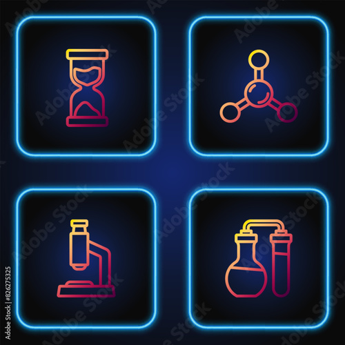 Set line Test tube, Microscope, Old hourglass and Molecule. Gradient color icons. Vector