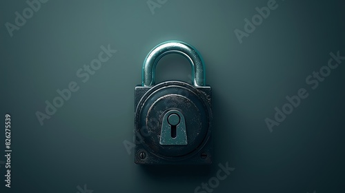 A silver padlock on a dark green background, a symbol of security and protection. photo