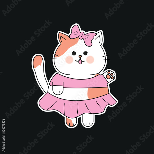 Sticker cartoon cat girl with a bow vector on a plain background