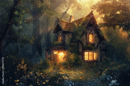 Magical scene of a cozy cottage with glowing windows in a mystical forest at dusk