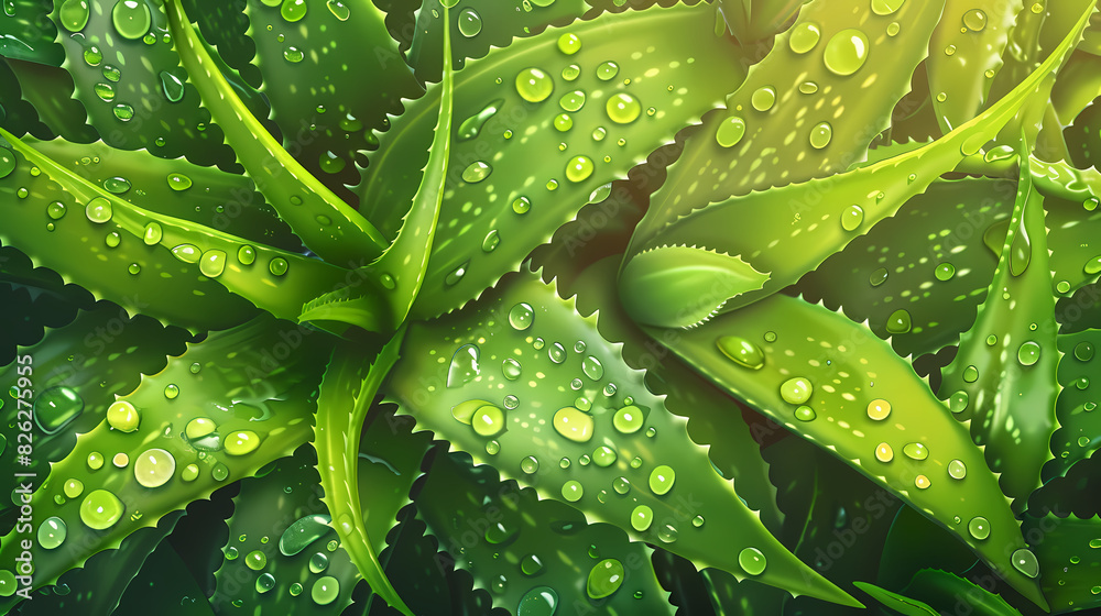 Aloe vera background, cosmetic banner with fresh green plant leaves and water drops Aloe vera background, cosmetic banner with fresh green plant leaves and water drops