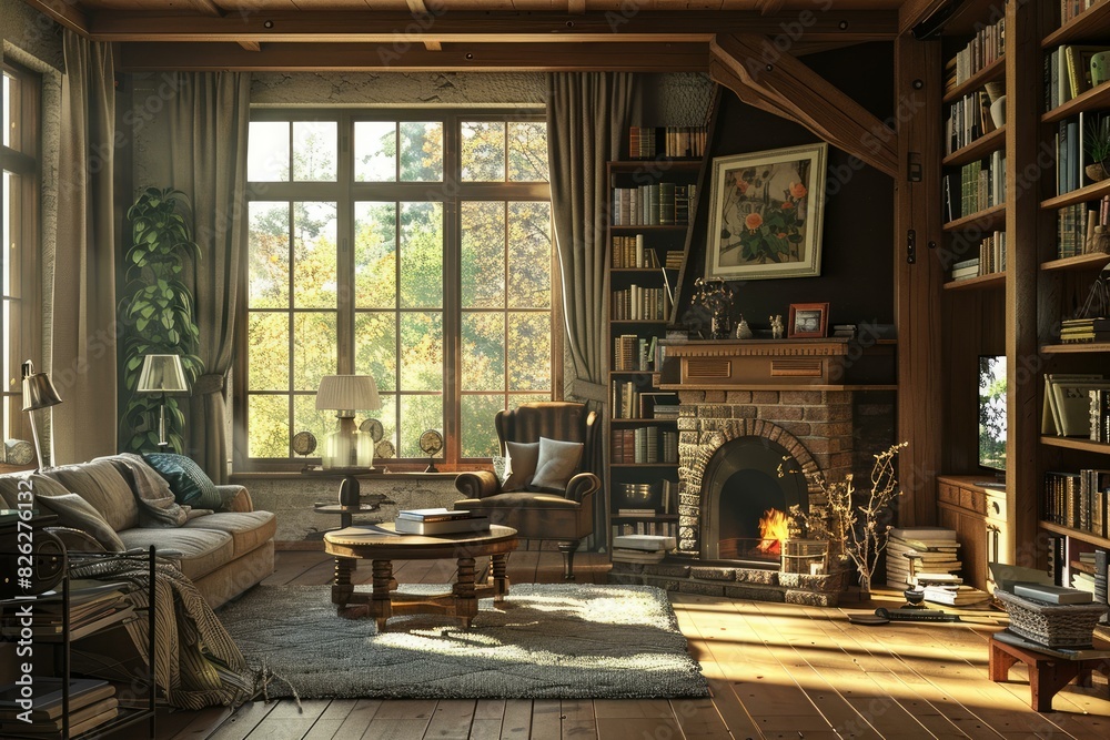 Warm and inviting living room with a lit fireplace, plush seating, and rustic decor